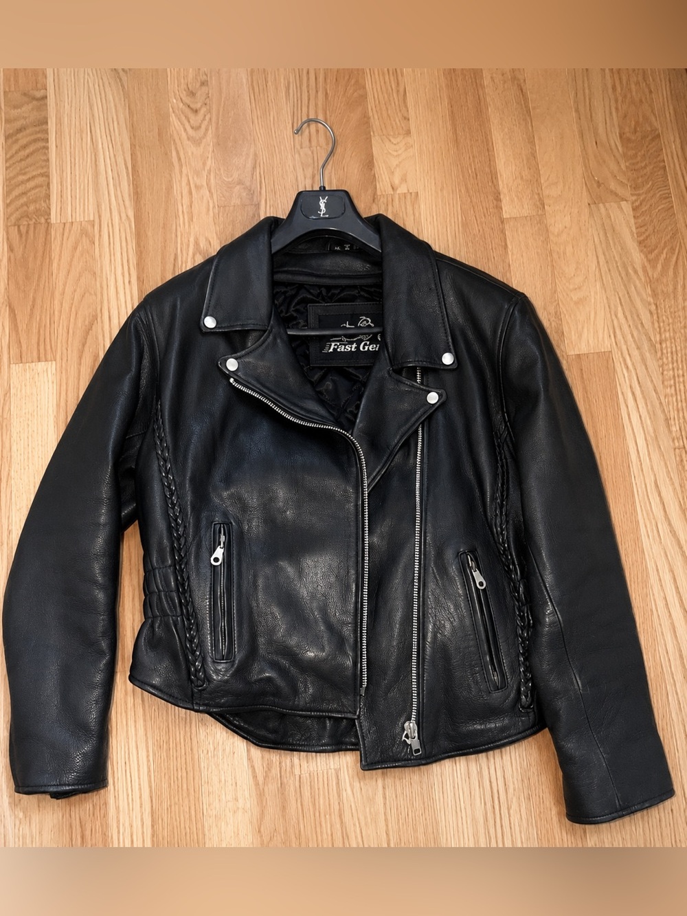Vintage 100% Genuine Leather Moto Overized Jacket Braided Black Biker Y2K Size L